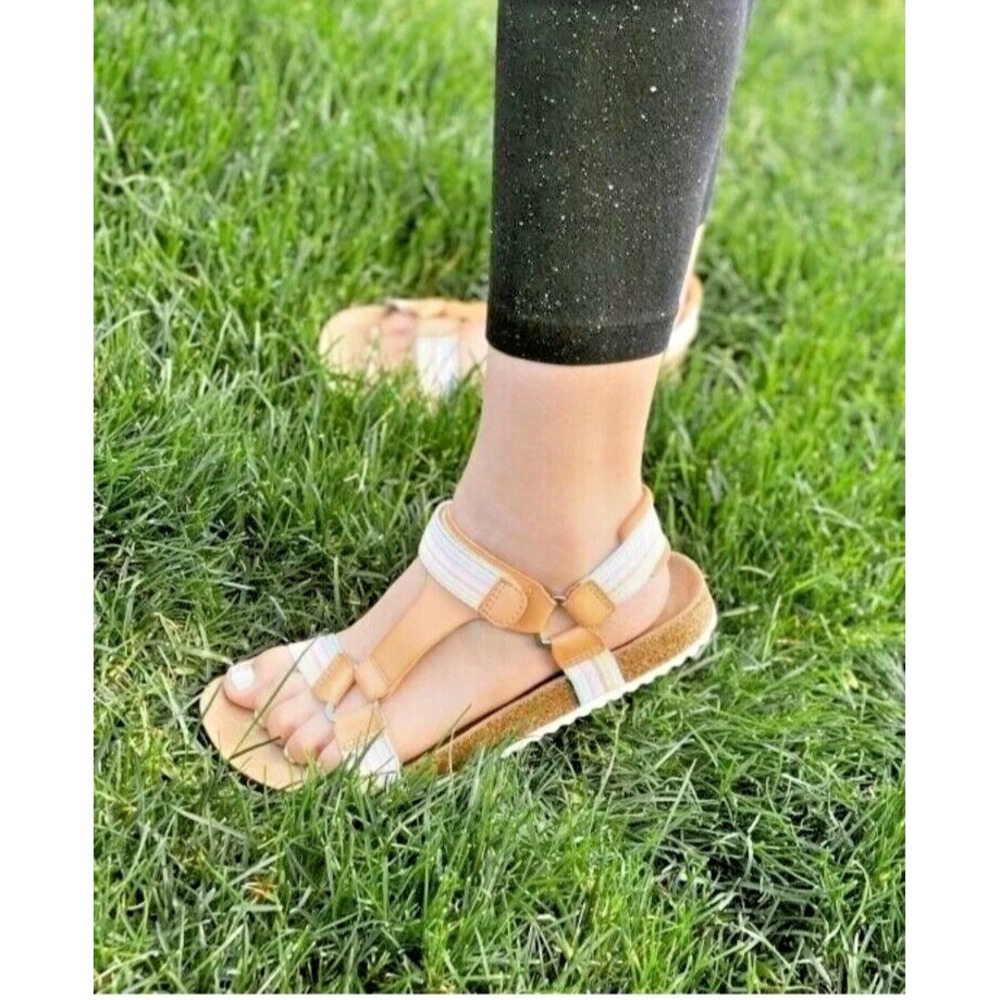 NEW Cat‎ & Jack Girls Val Footbed Sandals Tan Rainbow Multicolor Straps Size 9